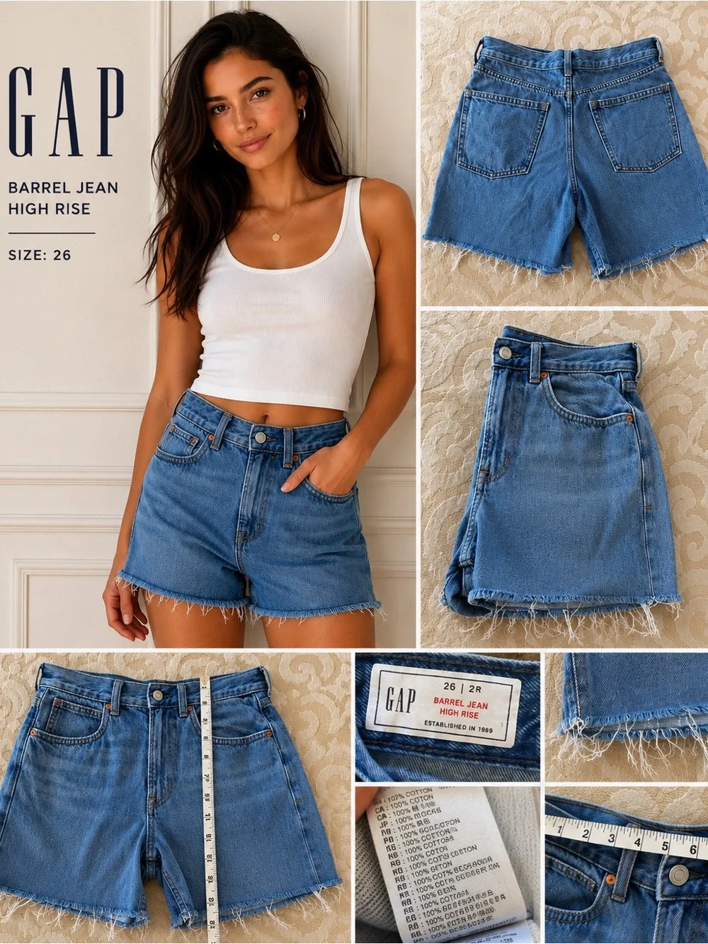 GAP Barrel Jean High Rise Denim Shorts Size 26 Raw Hem 100% Cotton Blue
